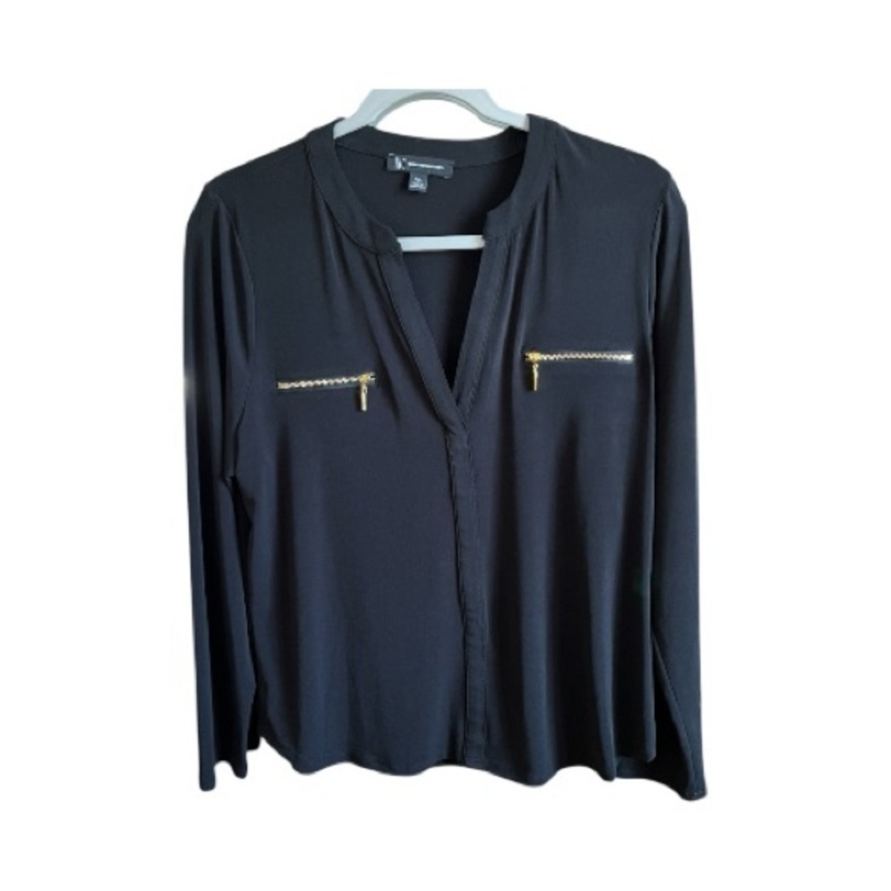 INC International Concepts Black Blouse with Gold Zipper Accents